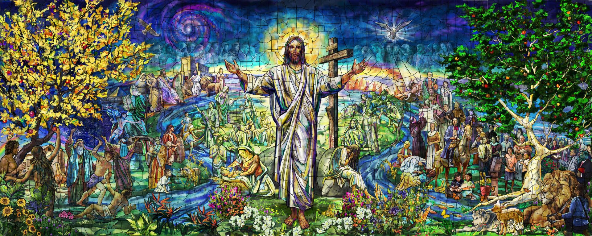 The Resurrection Window is a triptych designed to tell the biblical story